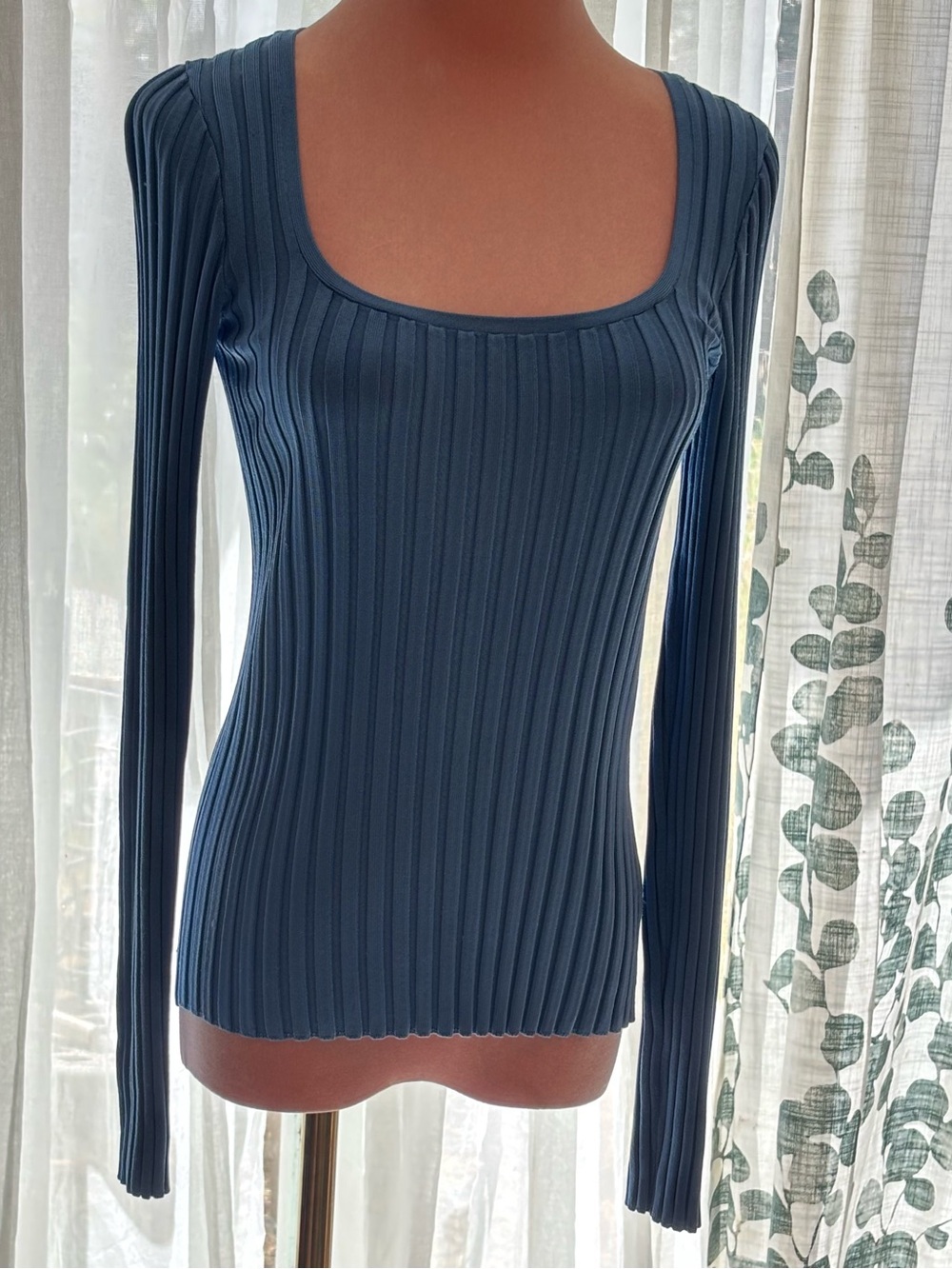 Veronica Beard Clara Blue Ribbed Square Scoop Neck Long Sleeve Top S